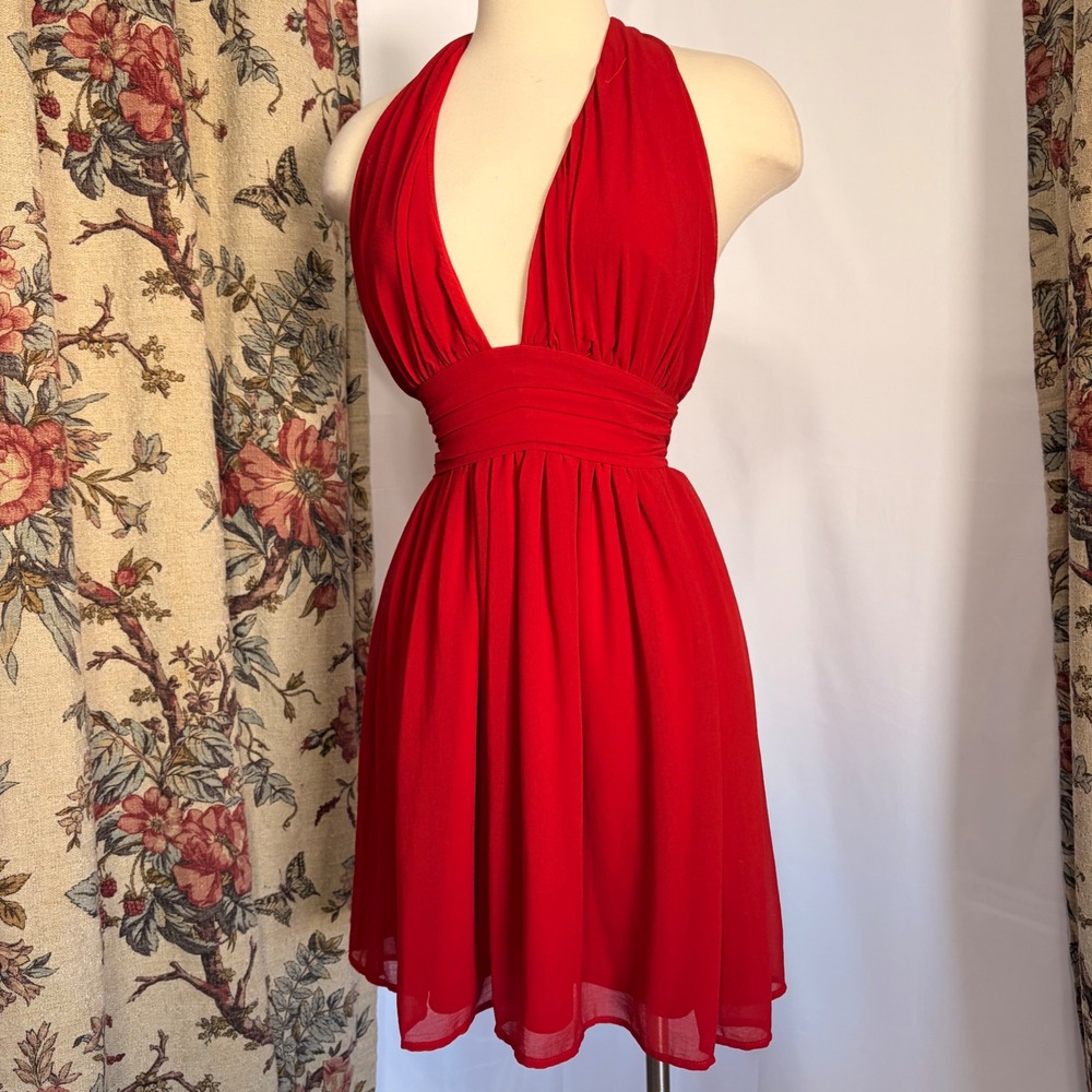 Lulus Stunning Red Halter minidress with a Plunging Neckline Open Back
